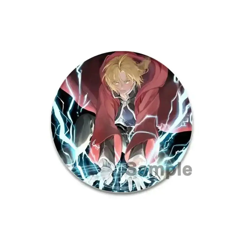 Fullmetal alchemist brooch pin featuring a 58mm enamel circular button with blonde anime character and blue lightning