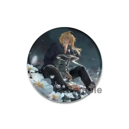 Fullmetal alchemist brooch pin 58mm enamel with anime-style blonde character holding green mask among white flowers