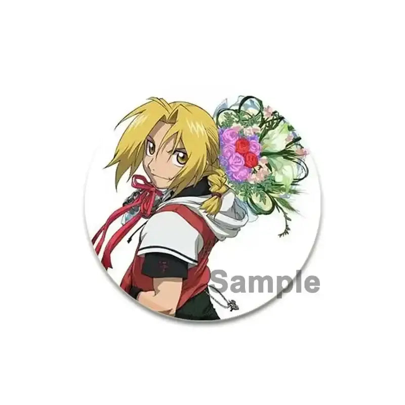 Circular 58mm enamel brooch pin featuring fullmetal alchemist anime character with blonde hair and colorful bouquet