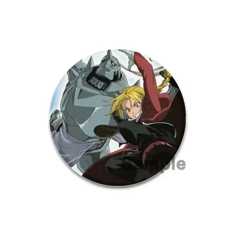 Circular fullmetal alchemist brooch pin featuring a blonde character and gray armored figure in red and black enamel