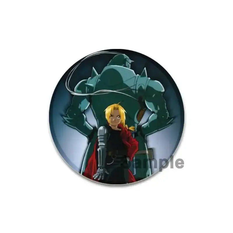 Fullmetal alchemist brooch pin 58mm enamel featuring blonde character in red cloak with green armored figure background