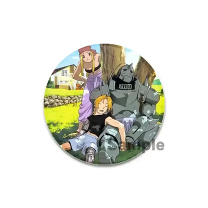 Circular 58mm enamel fullmetal alchemist brooch pin featuring edward elric winry rockbell and roy mustang under a tree