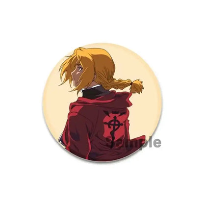 Circular 58mm enamel brooch pin featuring a fullmetal alchemist anime character with golden braid and red hood jacket