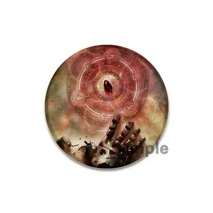 Fullmetal Alchemist brooch pin featuring a dark red eye design with glowing runes on enamel aged parchment background