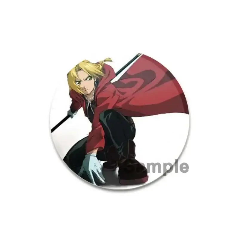 Circular enamel brooch pin featuring a blonde fullmetal alchemist character with red cape and staff, 58mm pin offers