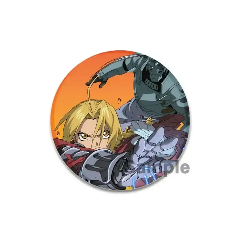 Circular fullmetal alchemist brooch pin featuring edward elric in automail arm and metallic gray armor against orange sky