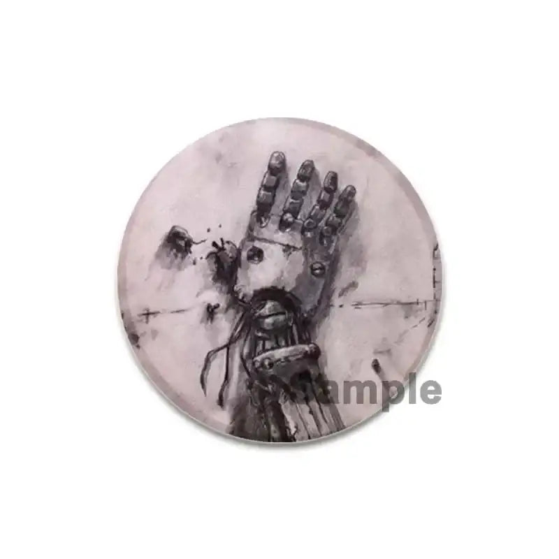 Fullmetal Alchemist brooch pin featuring a detailed black and white mechanical hand illustration on gray enamel