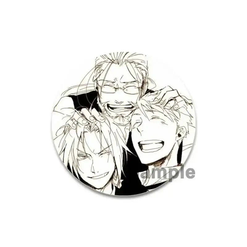 Fullmetal alchemist brooch pin featuring a circular black and white enamel design with three expressive anime figures