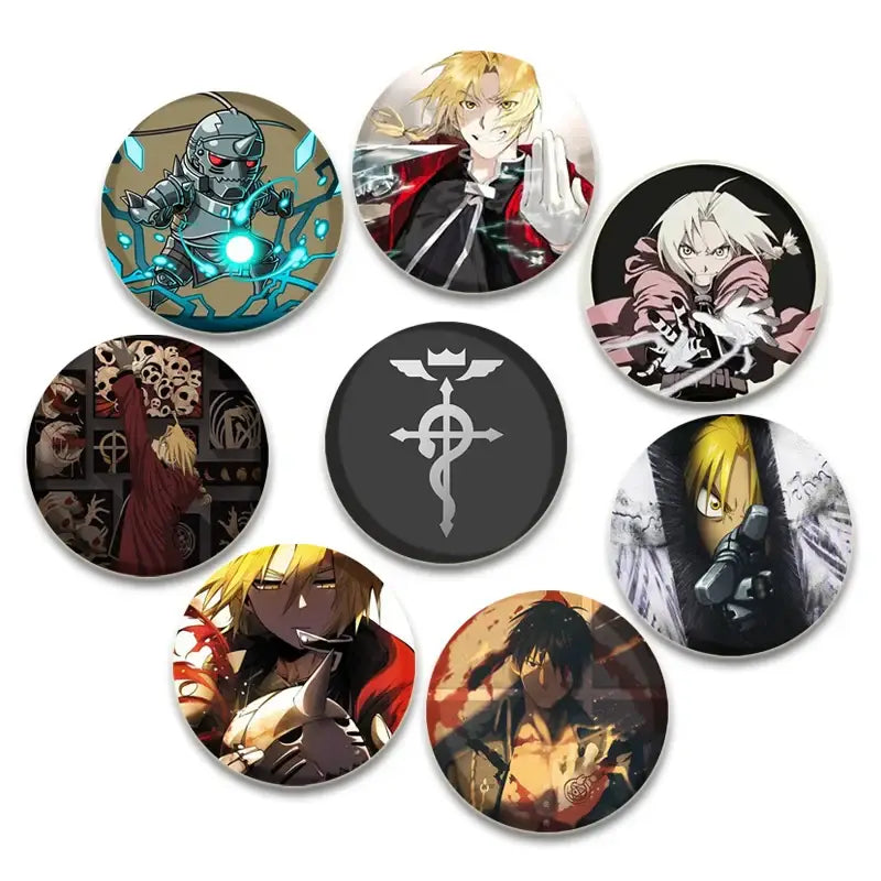 Set of seven circular enamel brooch pins featuring fate stay night characters and symbols with altria pin offers