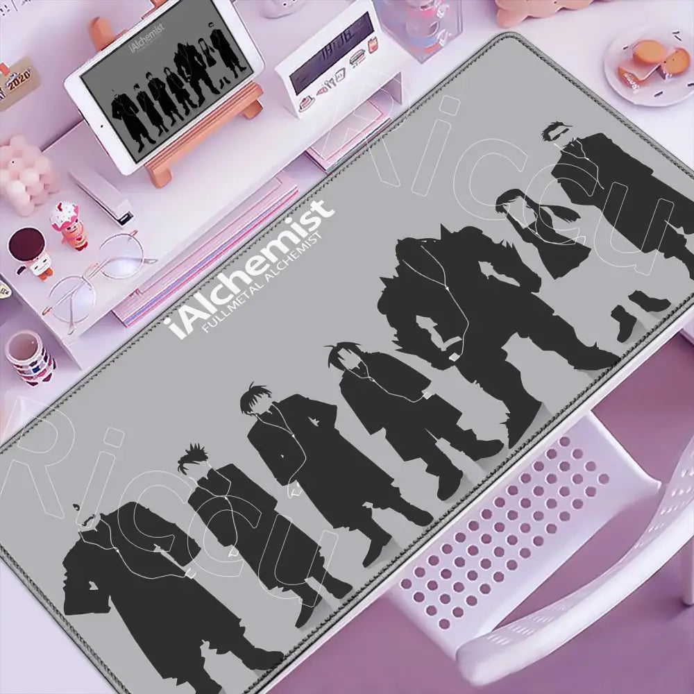 Gray rectangular fullmetal alchemist elric mouse pad with black character silhouettes and white ialchemist branding XXL anti-slip