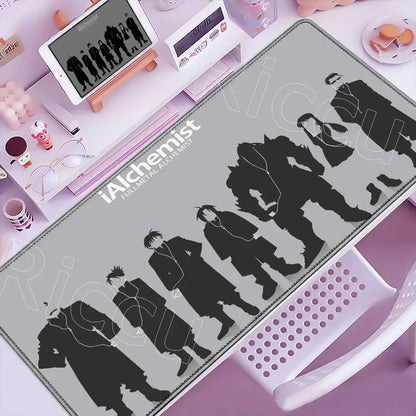Gray rectangular fullmetal alchemist elric mouse pad with black character silhouettes and white ialchemist branding XXL anti-slip