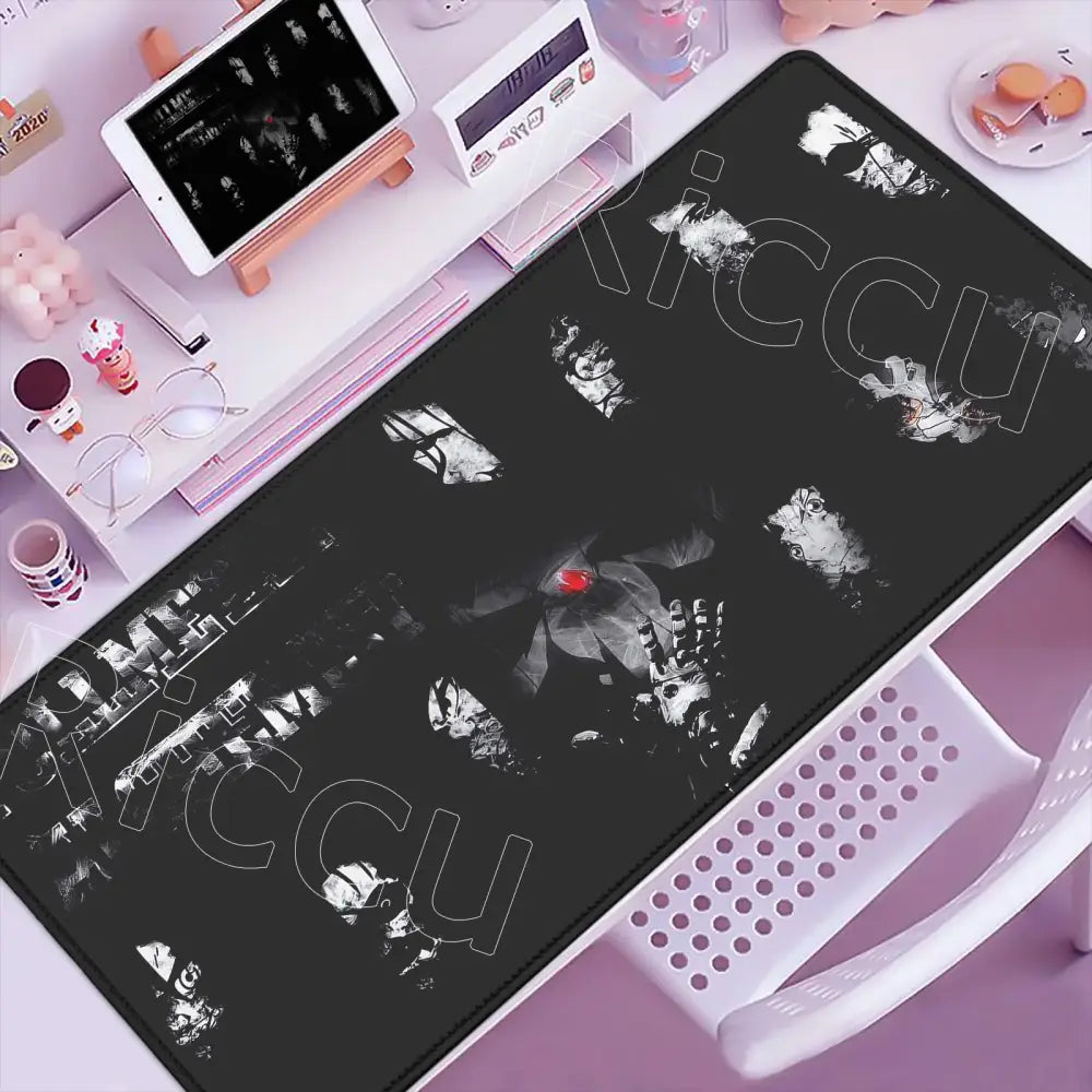 Black gaming mouse pad with stylized hands faces and red eye design featuring riccu text for alchemist ed elric fans