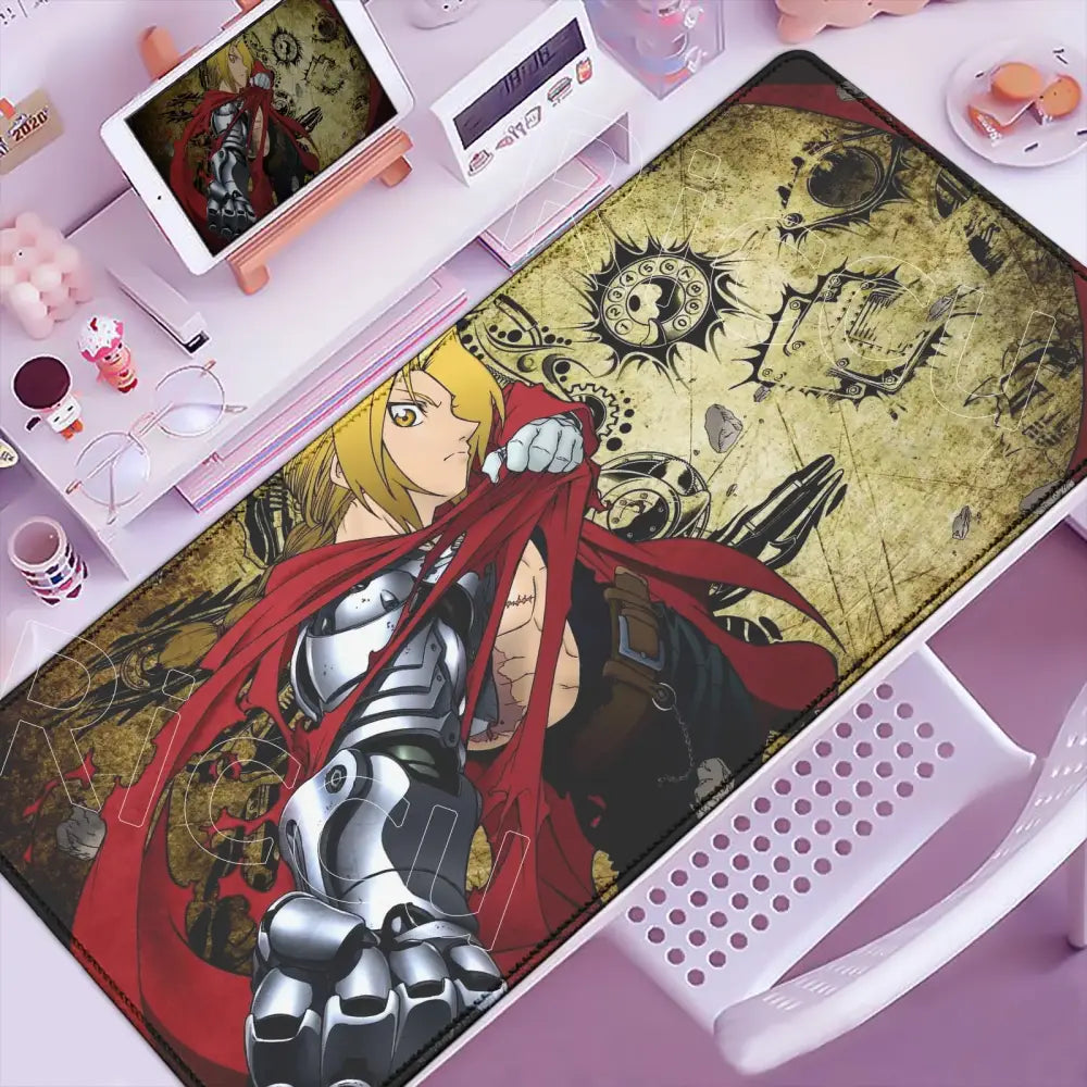 Fullmetal alchemist ed elric mouse pad xxl anti slip featuring blonde anime character with red cape on vintage background