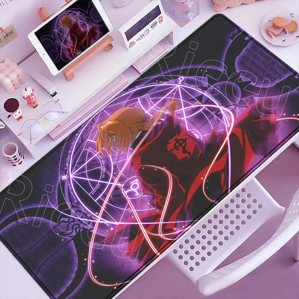 Purple and black fullmetal alchemist ed elric mouse pad featuring red character with glowing geometric patterns for gaming