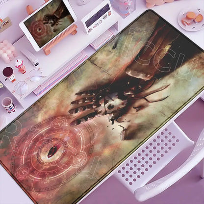 Fullmetal alchemist ed elric mouse pad xxl featuring a mechanical hand and glowing alchemy circle with anti slip base