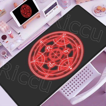 Black rectangular anti slip mouse pad featuring glowing red alchemist ed elric circular design for gaming use