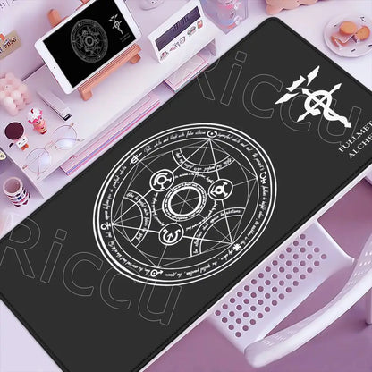 Black rectangular fullmetal alchemist ed elric mouse pad with white alchemical sigil design and anti-slip base