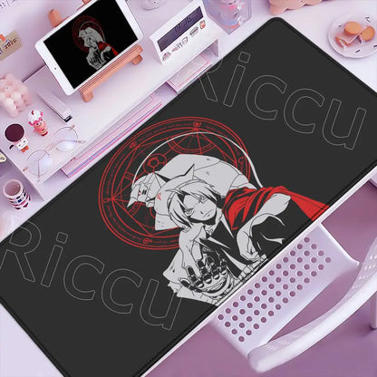 Black gaming mouse pad featuring alchemist ed elric anime design with anti slip surface and riccu branding