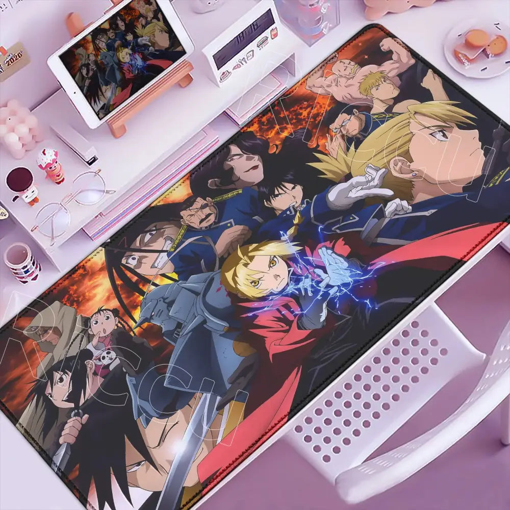 Vibrant fullmetal alchemist ed elric mouse pad with dynamic characters on a fiery backdrop printed on smooth anti-slip surface