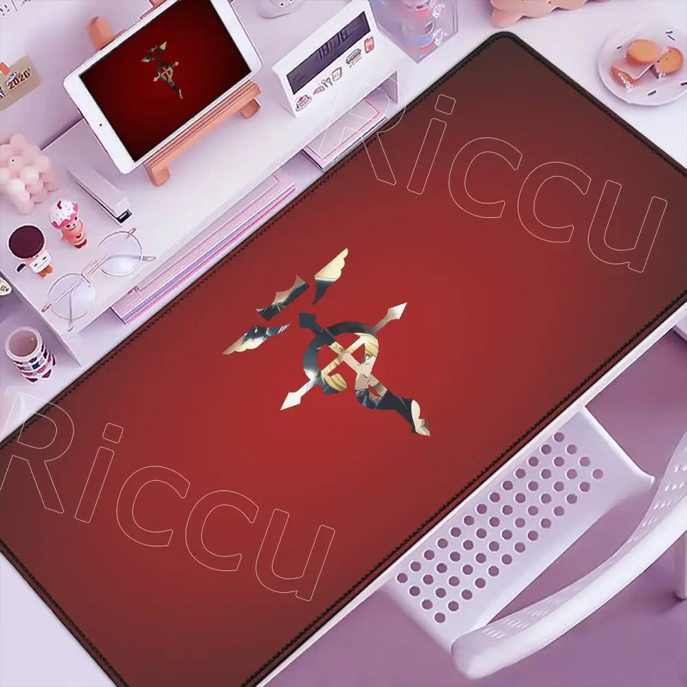 Red fullmetal alchemist ed elric mouse pad with gold and black emblem on anti-slip surface for gaming use
