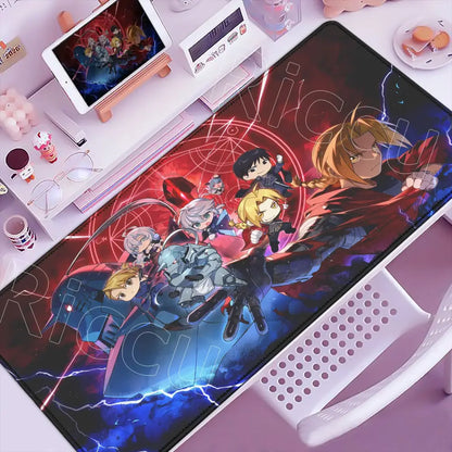 Fullmetal alchemist ed elric mouse pad with vibrant red and blue chibi characters and glowing magical symbols, anti slip xxl mouse pad