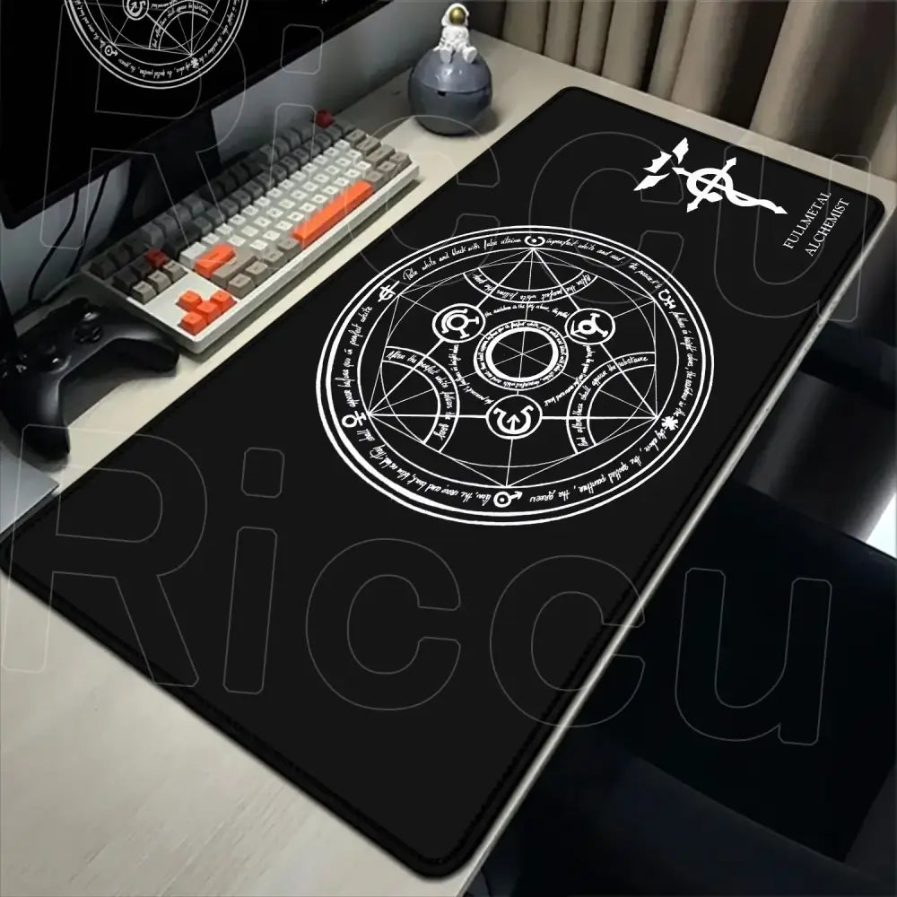 Black rectangular anti slip mouse pad with white alchemical sigil featuring fullmetal alchemist elric mouse pad design