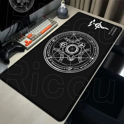 Black rectangular anti slip mouse pad with white alchemical sigil featuring fullmetal alchemist elric mouse pad design