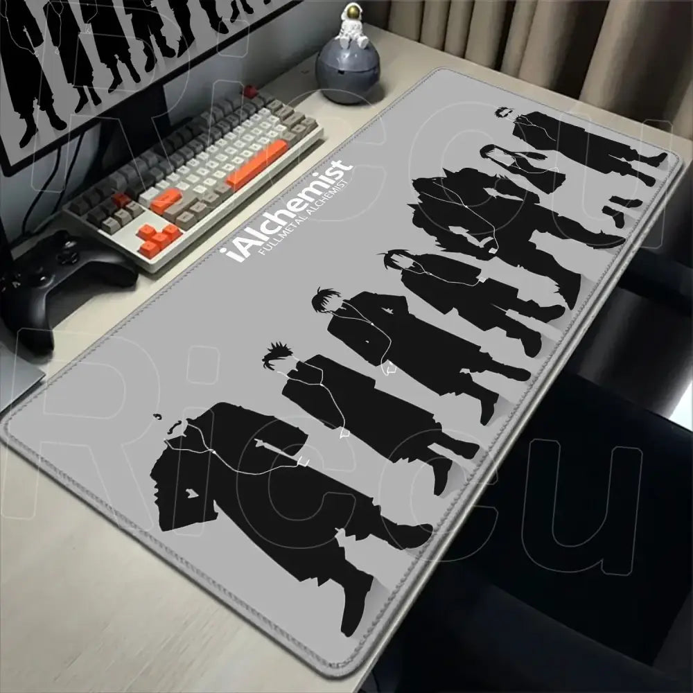 Gray rectangular fullmetal alchemist ed elric mouse pad with black character silhouettes and anti slip surface