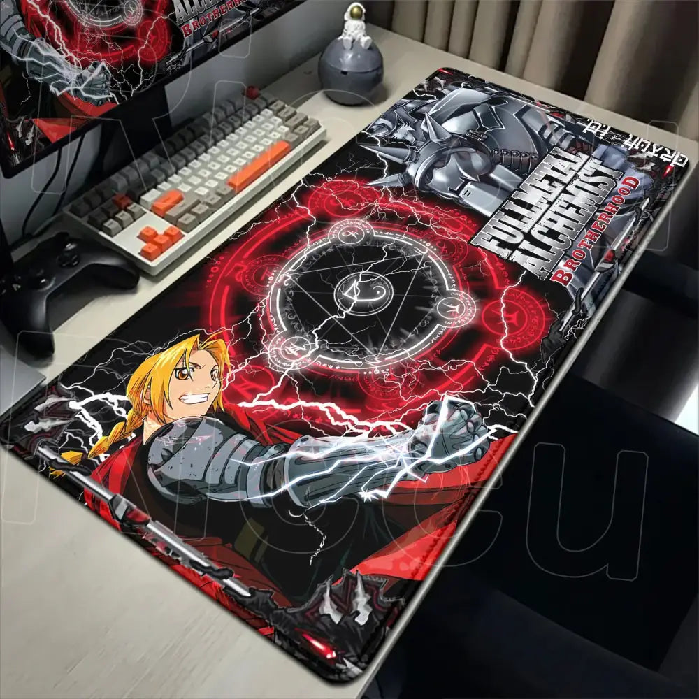 Red and black fullmetal alchemist ed elric mouse pad featuring armored anime character with lightning effects and anti-slip surface