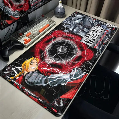 Red and black fullmetal alchemist ed elric mouse pad featuring armored anime character with lightning effects and anti-slip surface