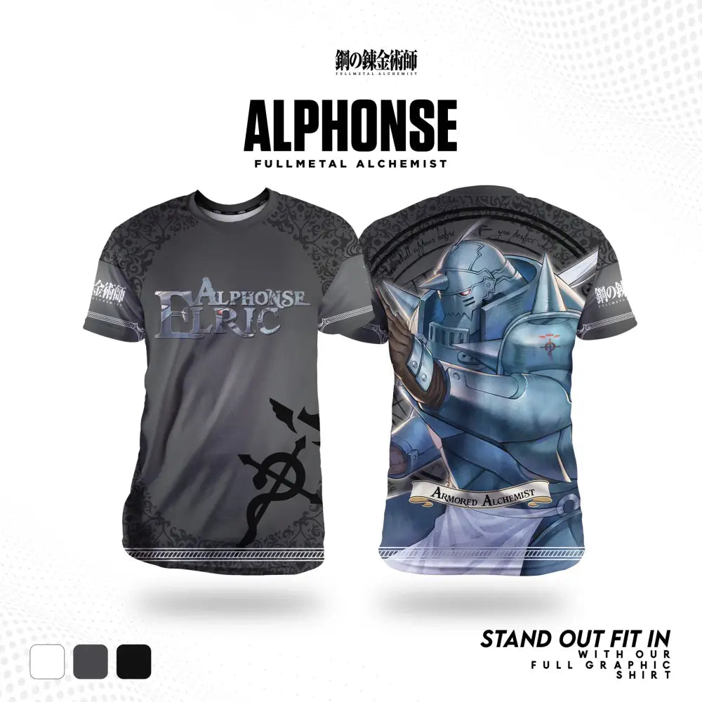 Gray fullmetal alchemist edward cosplay t-shirt with 3d print of blue armored alphonse elric on front and black graphics on back