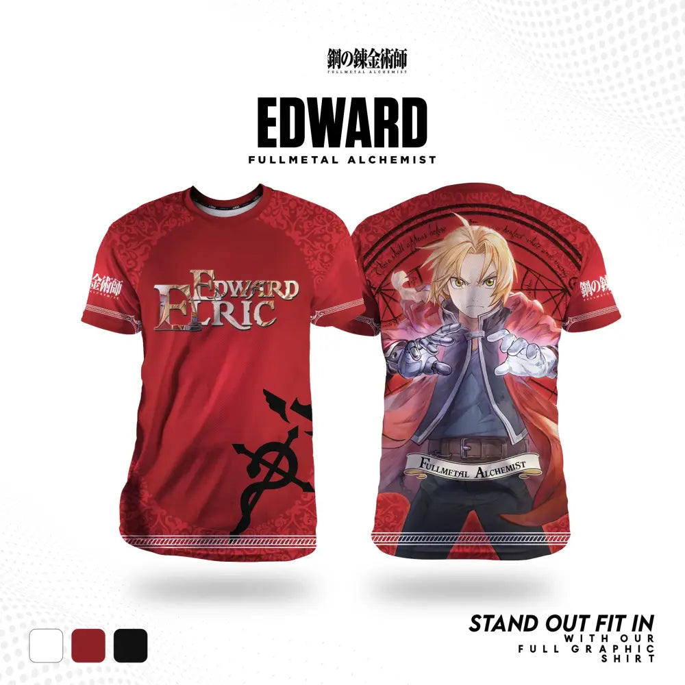 Red short-sleeved fullmetal alchemist edward cosplay t-shirt featuring a detailed 3d print of alchemist edward