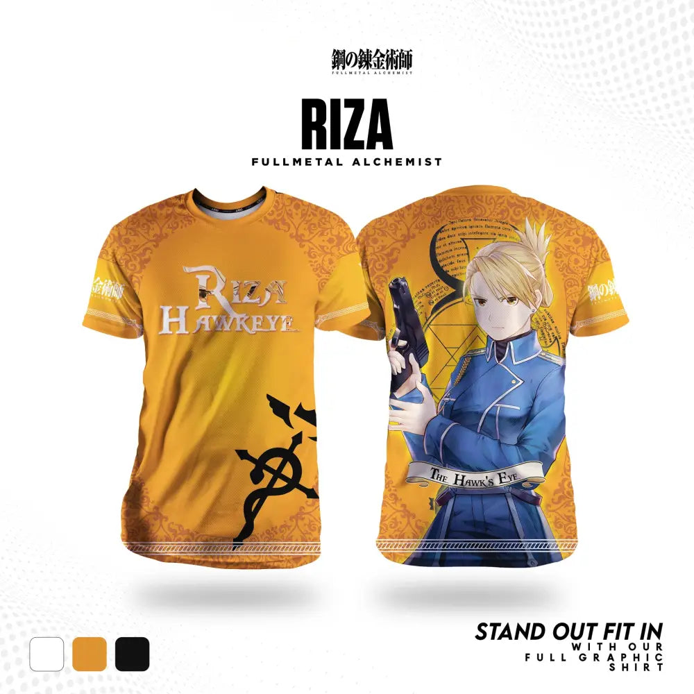 Vibrant yellow short-sleeved fullmetal alchemist edward cosplay tee with detailed riza hawkeye anime artwork and black border designs