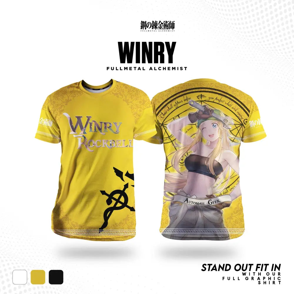 Yellow short-sleeved fullmetal alchemist edward cosplay t-shirt with 3d print of winry rockbell character