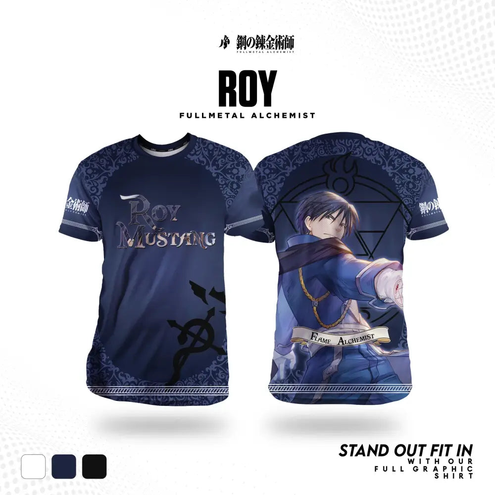 Dark blue full graphic t-shirt featuring fullmetal alchemist edward with intricate 3d print anime design and text