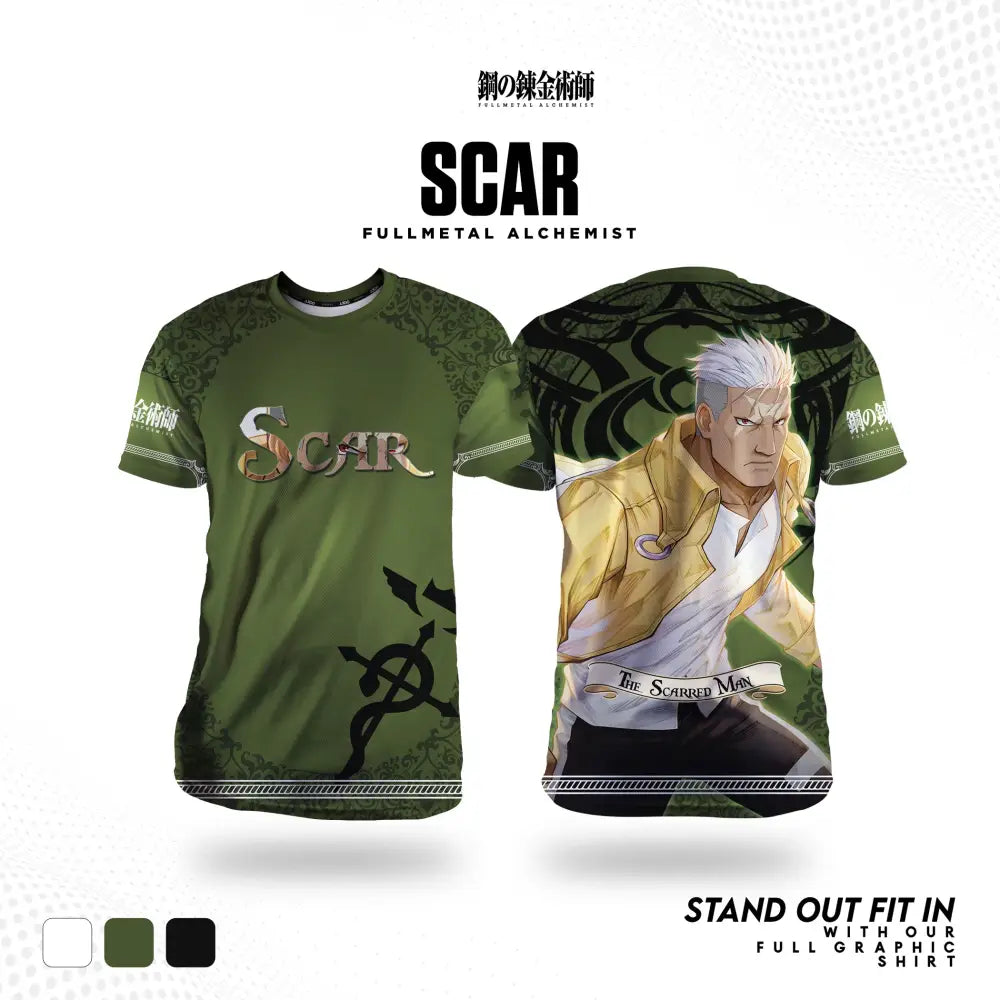 Olive green fullmetal alchemist edward cosplay t-shirt with full graphic scar print and intricate black gold designs front and back
