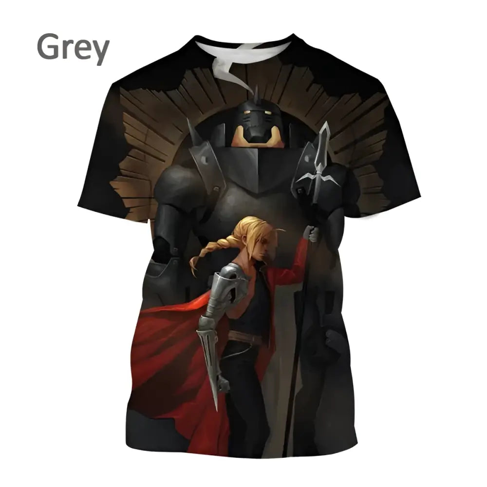 Grey short-sleeved fullmetal alchemist edward cosplay t-shirt with 3d print of black armored knight and blonde character