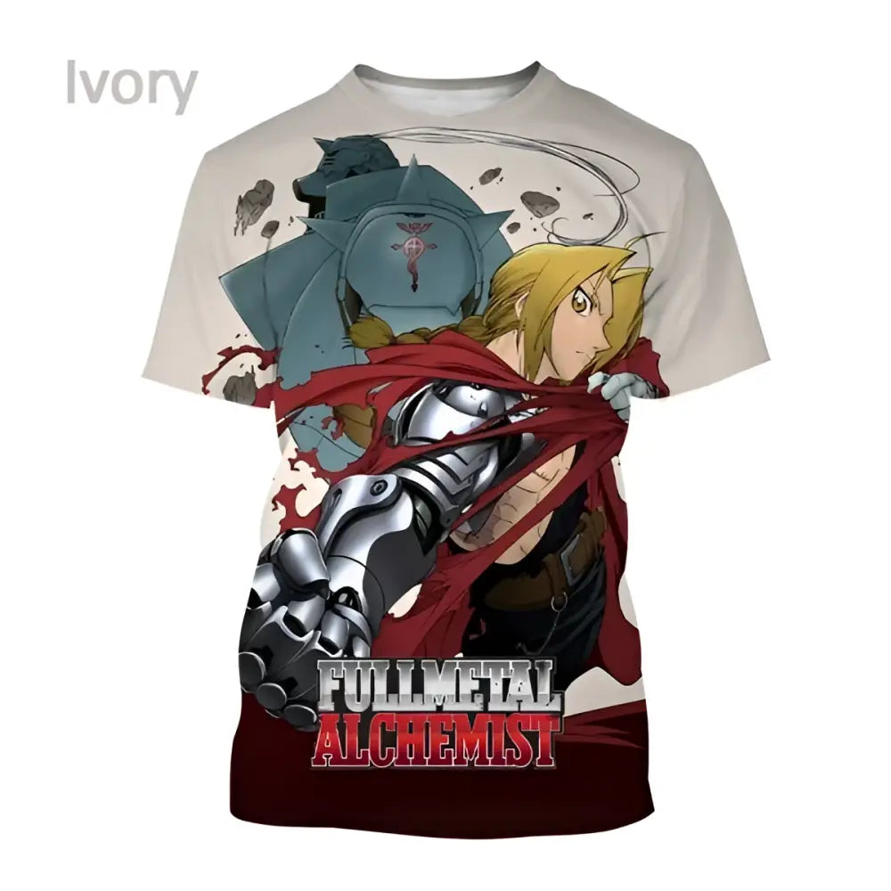 Ivory short-sleeved fullmetal alchemist edward cosplay t-shirt with detailed 3d print of anime armor and red cape