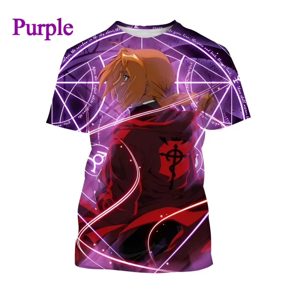 Purple short-sleeved fullmetal alchemist edward cosplay t-shirt with detailed 3d print and glowing purple and red accents