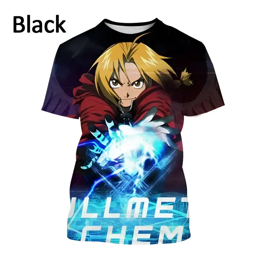 Black short-sleeved fullmetal alchemist edward cosplay t-shirt with vibrant 3d print of alchemist edward in red cloak