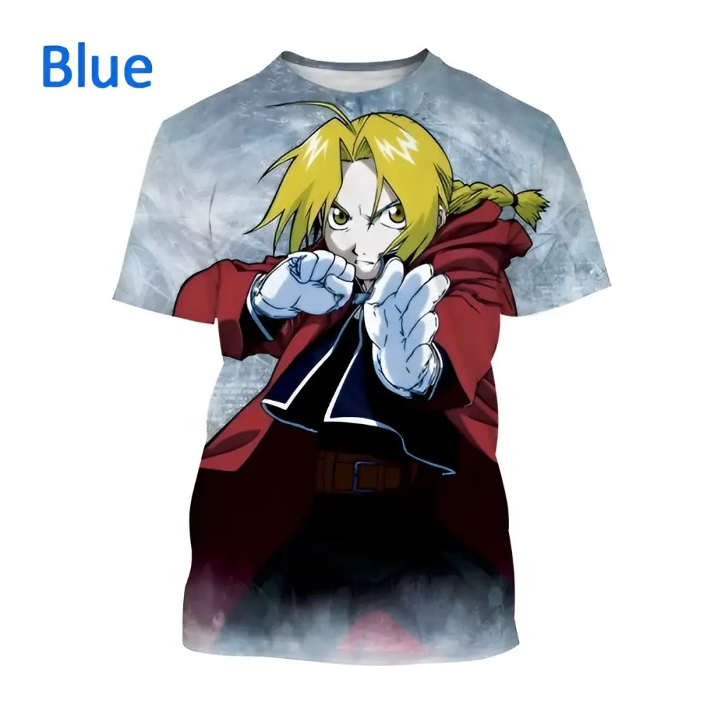 Blue short-sleeved fullmetal alchemist edward cosplay t-shirt with 3d print of edward elric in red coat on icy background