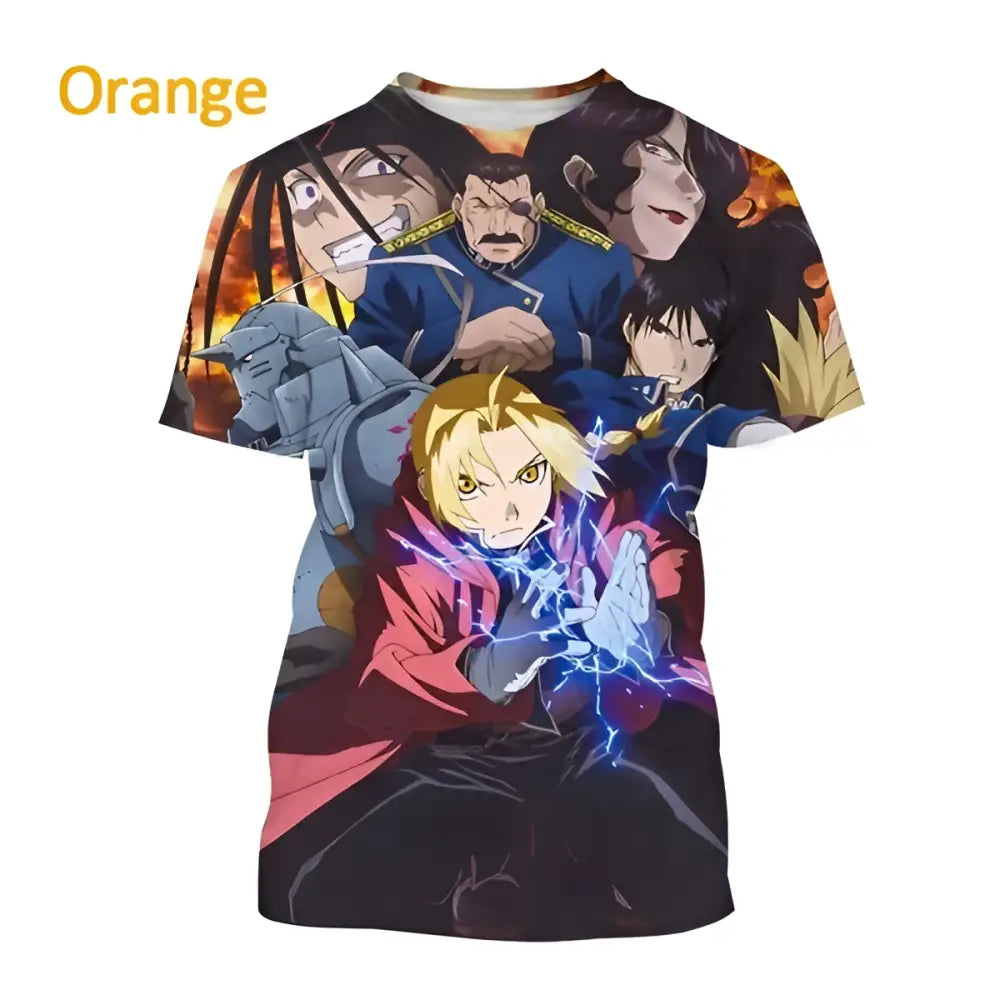 Orange short-sleeved fullmetal alchemist edward cosplay t-shirt with vibrant 3d print of dynamic anime characters