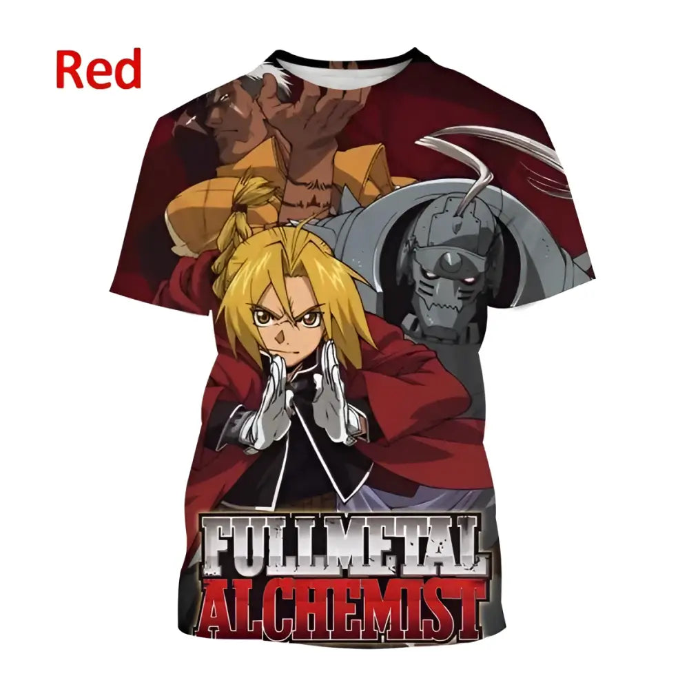 Red short-sleeved t-shirt with 3d fullmetal alchemist edward cosplay print featuring fullbody characters design