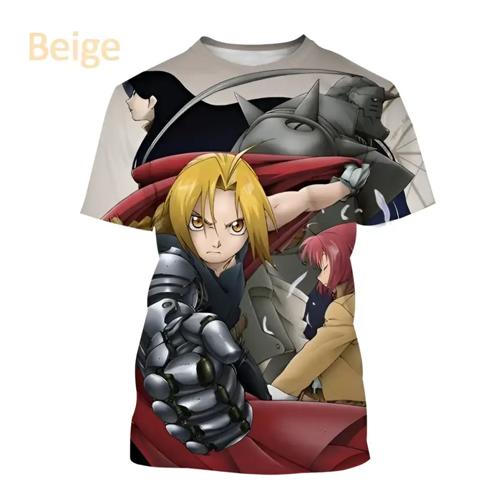 Beige short-sleeved fullmetal alchemist edward cosplay t-shirt with full-body 3d print of anime characters