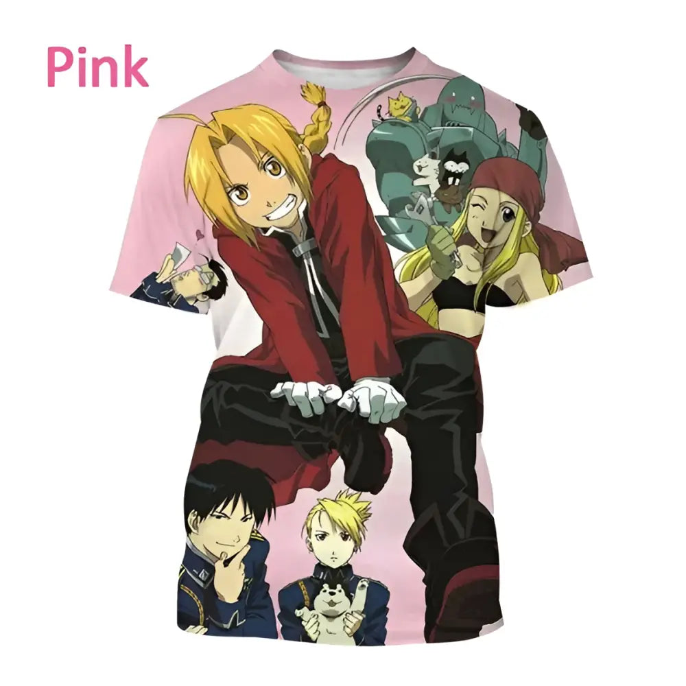 Pink short-sleeved t-shirt with fullmetal alchemist edward 3d print for alchemist edward cosplay fans