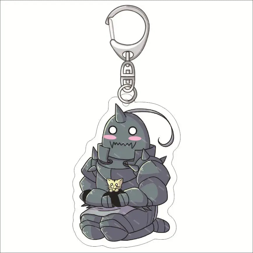 Gray metallic accented edward elric acrylic keychain featuring chibi alphonse elric with yellow cat sitting cross-legged