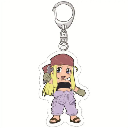 A clear acrylic edward elric acrylic keychain featuring chibi blonde edward elric with maroon bandana and purple pants holding a wrench