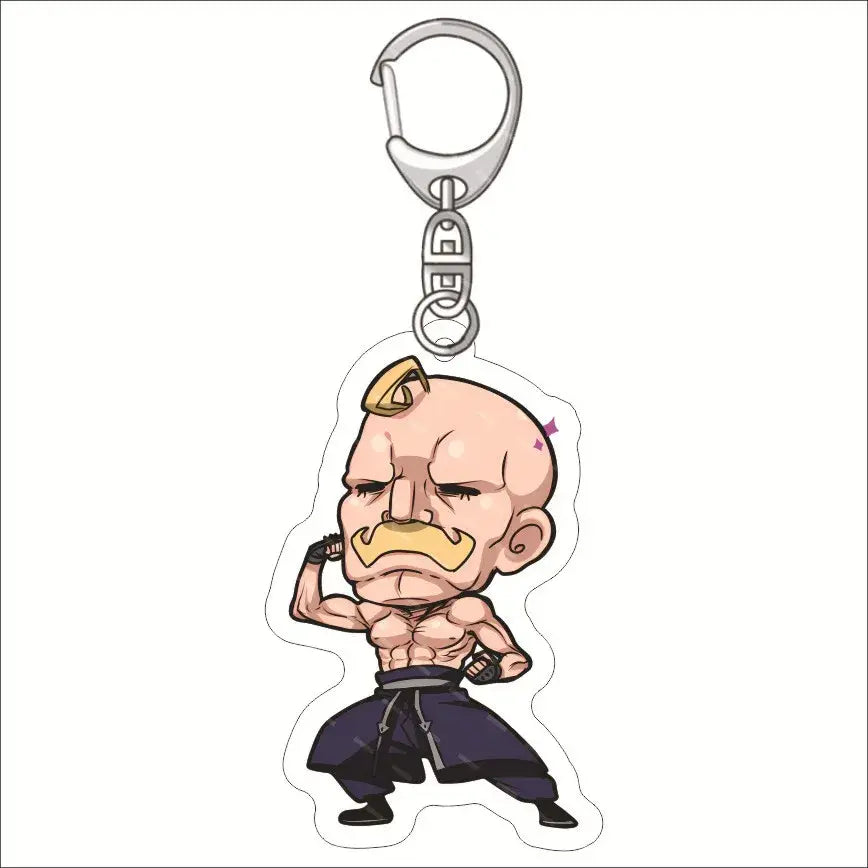 Chibi-style edward elric acrylic keychain featuring a bald muscular character with yellow mustache and gold headband