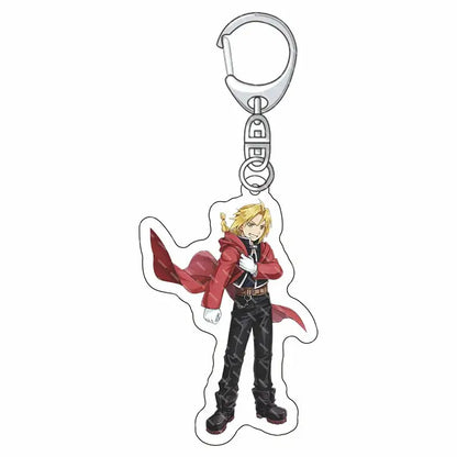 Translucent edward elric acrylic keychain featuring blonde anime character in red coat and black pants for fun charm use