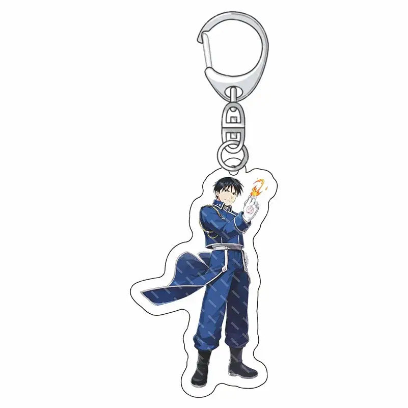 Blue acrylic edward elric acrylic keychain featuring anime character with detailed uniform and flame design on hand